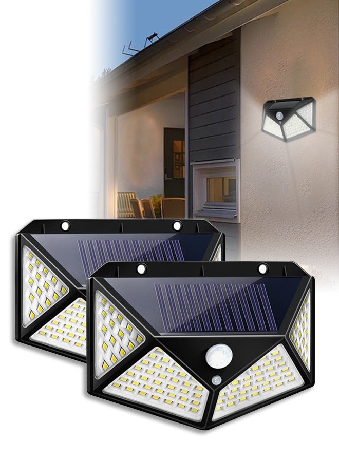 أضواء شمسية خارجية، أضواء حائط حساسة للحركة مقاومة للماء IP65، 100 LED مع عاكس الأضواء، مصابيح فيضان أمان سهلة التركيب للباحات الخارجية، الفناء، المرآب، السطح، الحديقة، عبوة 2 - Image 1